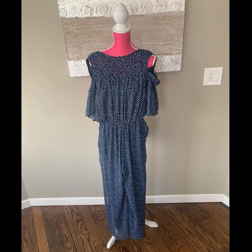 ZARA Navy + White Polkadot Jumpsuit / Romper (S)